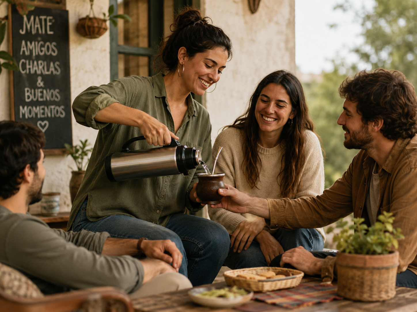 Friends sharing mate with a cebadora serving the circle